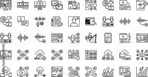 AI Video Editing & Creator Tool Line Icons Set – Content Creation, Podcast & Creator Dashboard Outline Vector Icons