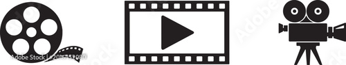 Photos Minimal cinema icons set in clean black and white vector style, perfect for film, movie, and media design