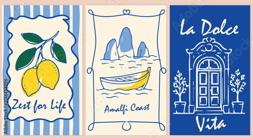 Tableau sur toile Mediterranean Amalfi coast doodle wall art set