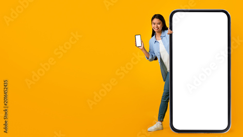 Quadro su tela A person stands next to a large blank screen and holds a smartphone