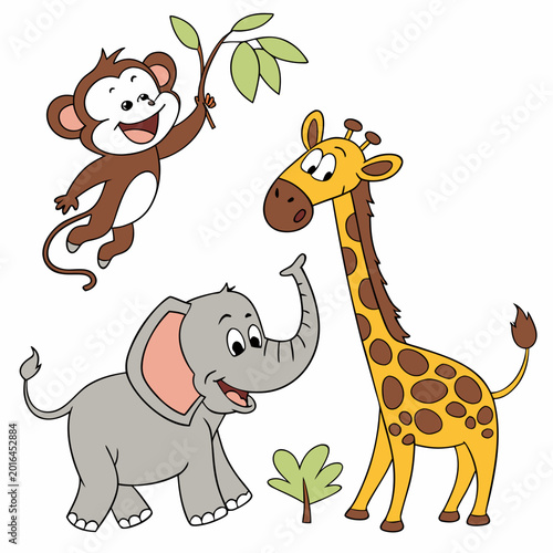 Canvas Print Colorful cartoon jungle animals monkey elephant