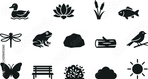 Obraz na płótnie Pond and park environment icons, nature wildlife vector, duck lotus cattail frog
