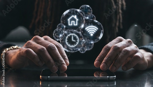 Hands interacting with smartphone displaying floating of home, clock, and wifi, representing smart home technology and connectivity