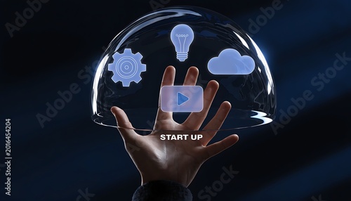 Hand holding a transparent dome with glowing startup lightbulb, gear, cloud, and play button, symbolizing innovation and new beginnings.keywords