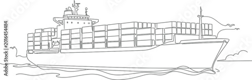 A detailed continuous line drawing of a large cargo ship carrying many metal containers across the ocean on transparent background