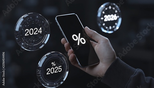 Hand holding a smartphone displaying a percentage symbol, with futuristic circular showing years 2024, 2025, and 2026, indicating financial