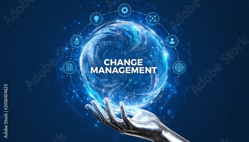 A metallic hand cradles a glowing blue sphere with the words 