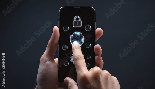 Close-up of a hand interacting with a smartphone screen displaying a digital security interface with a padlock and glowing spheres, indicating data