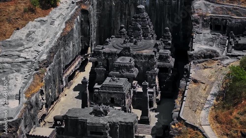 Aerial view of the Kailasa Temple at Ellora Caves in Maharashtra, India. This ancient rock-cut temple, carved from a single monolithic structure, stands as a masterpiece of Indian architecture.