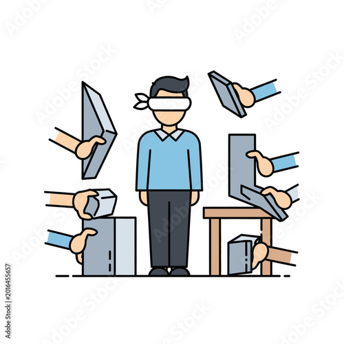 Blindfolded person with technology and hands around, illustration