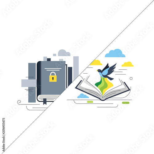 Book with bird flying, lock, clouds, concept of reading and knowledge