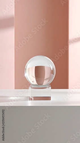 A glass sphere sits on a clear stand on a white surface