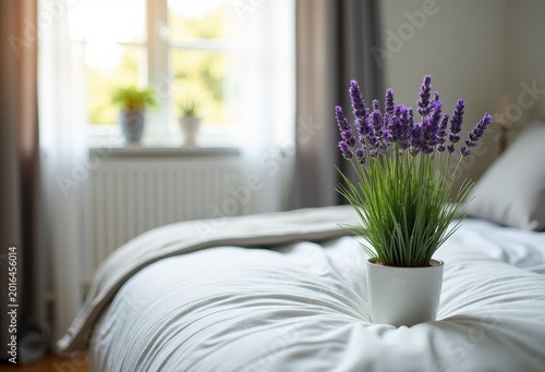 Bedroom with small potted lavender