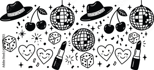Retro party pattern, nightlife doodle vector, vintage disco design, playful cherries dice lipstick art, fun celebration illustration - flat vector illustration