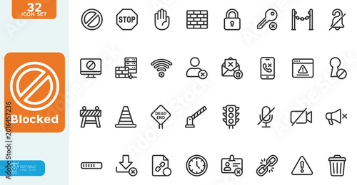 Vászonkép Blocked Vector illustration Line Editable Icons set in a modern, thin-line style of prohibitory-sign-related icons: objection, deny, refuse, and more,  Isolated on a white background