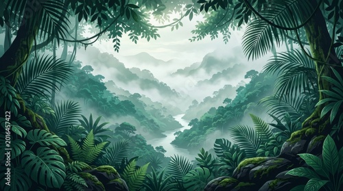 misty tropical rainforest valley with lush greenery and foggy atmosphere nature scene