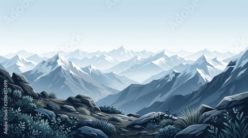 majestic snow capped mountain range panoramic view with misty valleys and alpine landscape