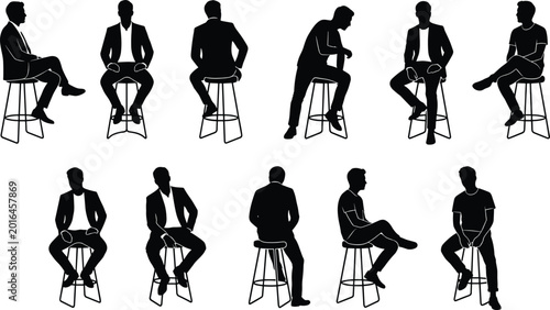 Foto Seated figure silhouette illustration set, ten unique poses on stools showing ca