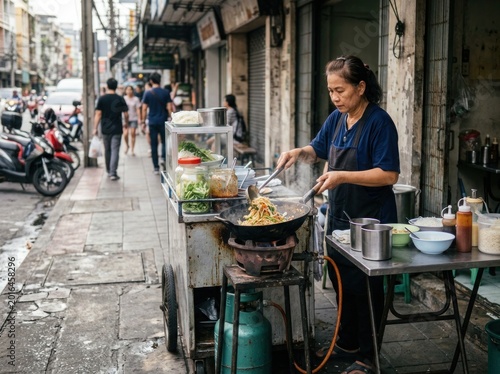 Asian Street Food Vendor Cooking Fresh Noodles Outdoors. Small business concept.