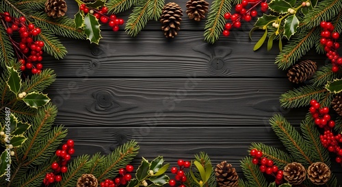 Christmas frame with fir and holly branches