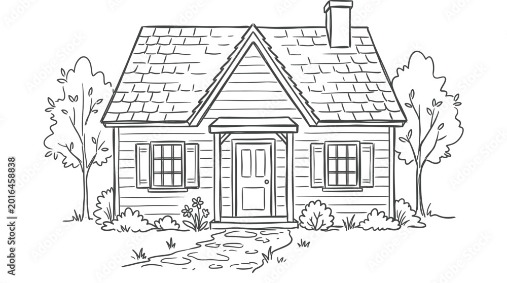 Obraz premium Traditional American House Outline Drawing with Front Porch and Pitched Roof in Bright Studio