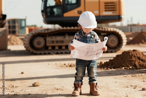 Small child wears hard hat and overalls studies building plans on construction site. Excavator vehicle is in background. Future career dream.