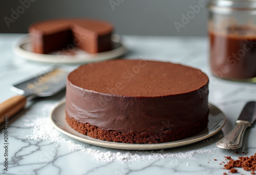 dessert-making scene, chocolate cake on marble counter, pastry utensils, editorial food styling