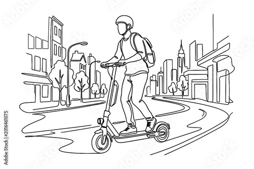 Continuous Line Drawing of Man Riding Electric Scooter in Modern City Street with Buildings and Trees