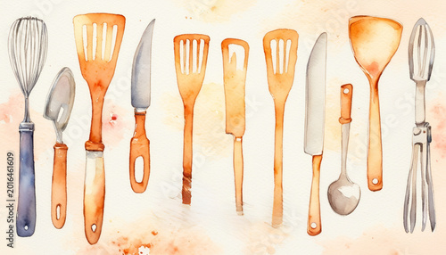 Soft watercolor top view of kitchen utensils on pastel background