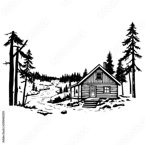 Vector illustration of a serene forest cabin silhouette with trees and a river, perfect for nature and travel designs.