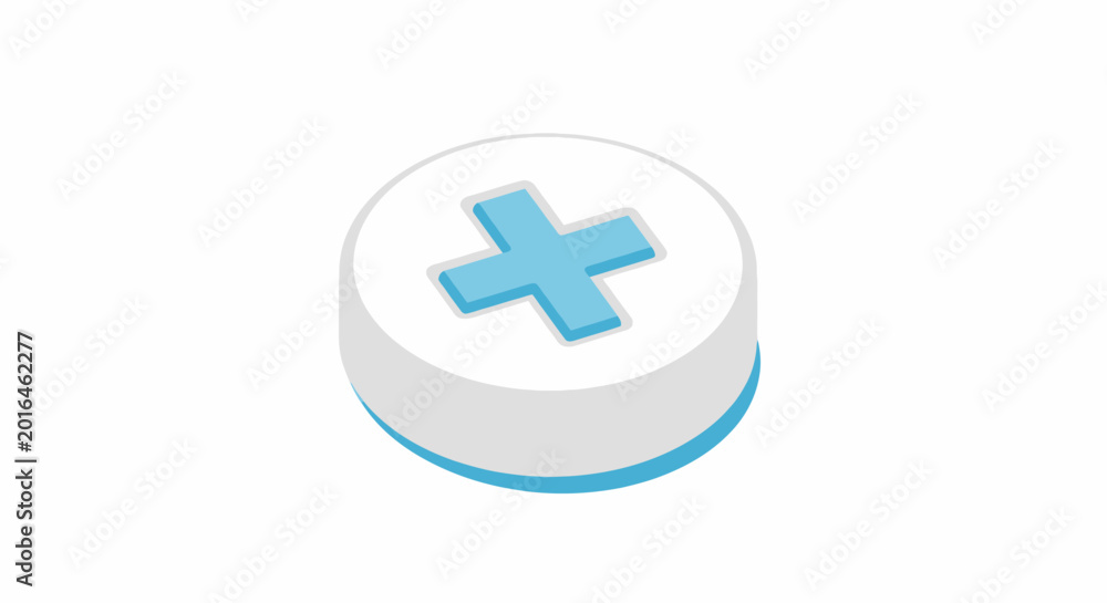 Fototapeta premium Minimalist blue and white isometric plus sign button isolated on a clean white background surface