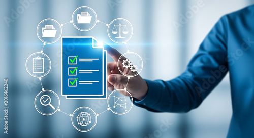 Digital Compliance and Process Optimization Hand Interacting with Virtual Checklist, Illustrating Efficient Document Management, Quality Assurance, and Regulatory Adherence