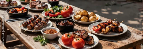 Panel kuchenny z motywem Rustic table laid with grilled meats vegetables and potatoes ready for outdoor summer feast. Delicious BBQ spread with skewers and sides in bright sunlight. Perfect for cookout themes.