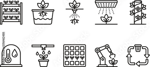 Bild auf Leinwand Black line icons of plants and hydroponic systems