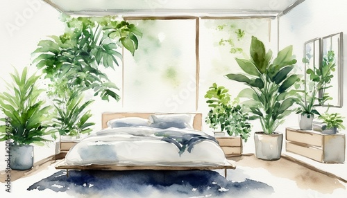 Soft watercolor minimalist bedroom with plants and gentle shadows