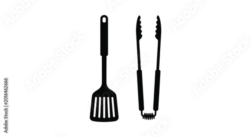 Black silhouette of spatula and tongs on white background