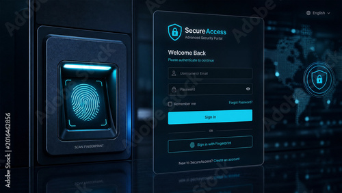 Advanced digital security portal featuring fingerprint scanner and online signin screen interface