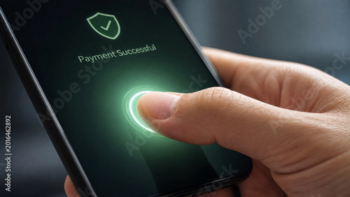 Fotografija Closeup of a finger using fingerprint authentication for a successful payment on