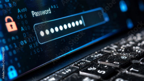 Photos Digital cybersecurity concept showing a locked padlock icon and password entry f