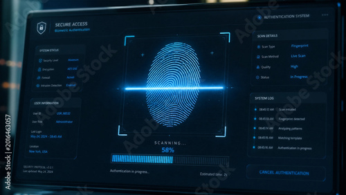 Photos Digital fingerprint scanning and biometric authentication process on a futuristi