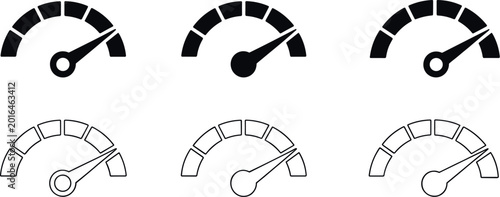 Speedometer and fuel gauge vector icons showing different levels