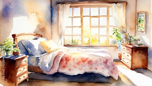 Watercolor bedroom with bed, pastel bedding, and window with sunlight