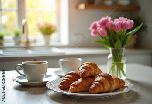 morning breakfast on the kitchen island, croissants, coffee cups, fresh flowers, natural light, lifestyle mood
