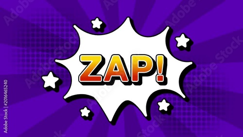 zap text word lettering popup comic cartoon reveal with bomb and smoke explosion manga anime book page dots with radial speed lines doodle background with seamless loop animation retro