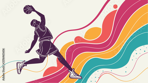 Tableau sur toile Basketball player performs an athletic jump shot against a backdrop of colorful abstract lines