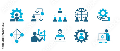Modern business icon pack featuring blue organizational charts, team collaboration, digital network connectivity, and corporate management symbols.
