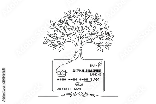 Continuous Line Drawing of Tree Growing from Credit Card for Sustainable Investment and Green Banking Concept