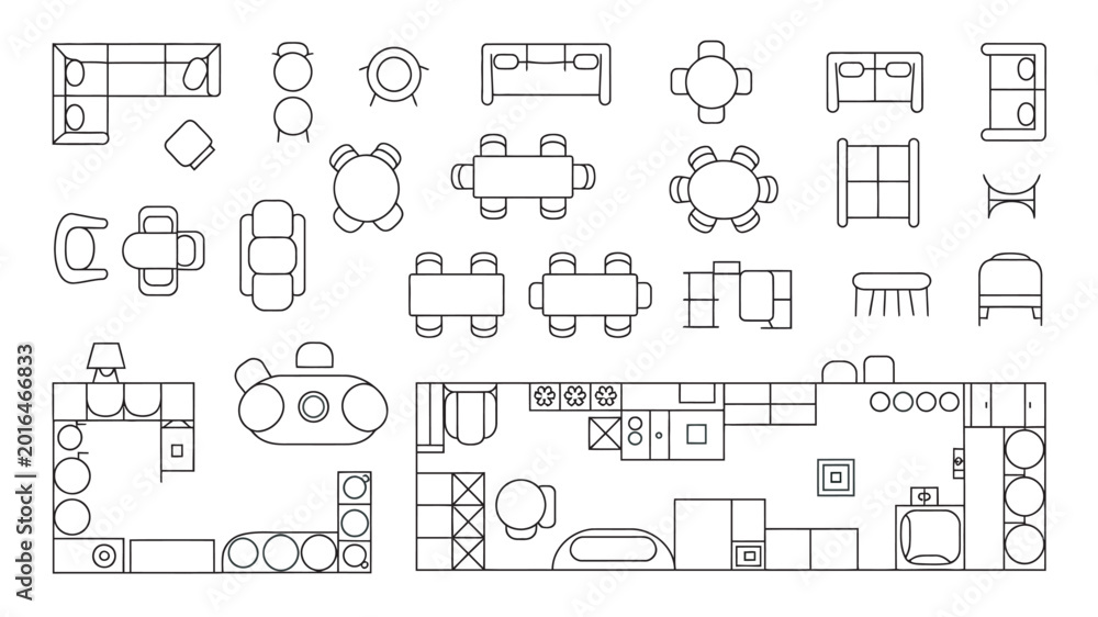 Obraz premium Detailed architectural furniture top view icons set for interior design floor plans including living room and kitchen layouts in clean lines.