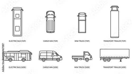 Konstfotografi Top view vehicle set vector illustration side and top bus van truck trailer