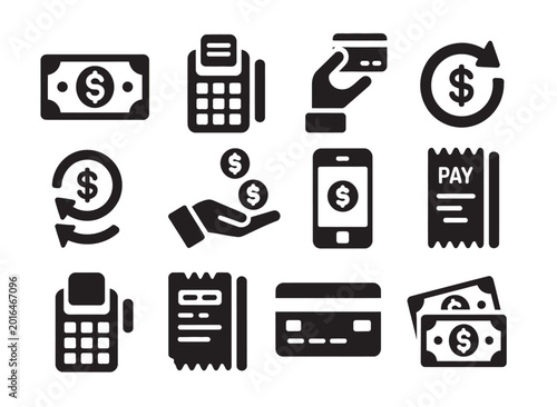 Canvas-taulu Essential payment and financial transaction icons set featuring credit cards, cash, mobile payments, and receipts in bold black vector style